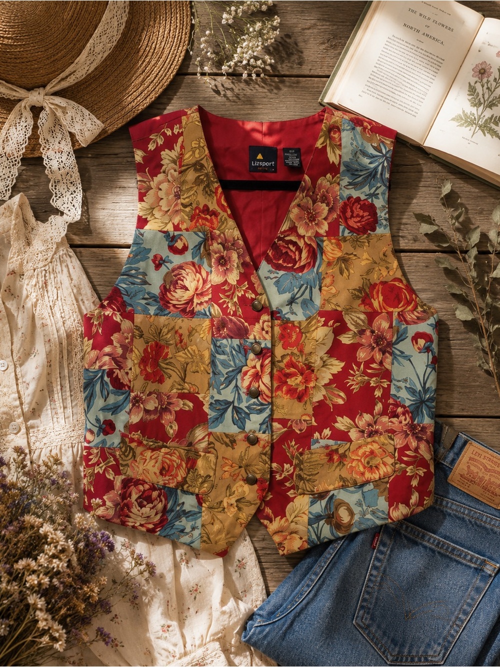 LIZ SPORT Vtg 90s Floral Patchwork Vest Sz S Petite Gramdmacore Boho Cottagecore - Picture 6 of 16